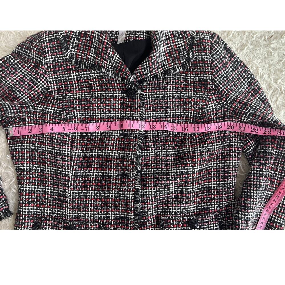 Chico's Women's Size 12 Black Gray Pink Button Up Fringe Hem Jacket Blazer #0591 - Picture 13 of 14